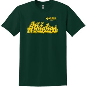 Green Lyndon Recreation Baseball Athletics cotton T-shirt with "lyndon athletics" written in yellow script font, along with a white and yellow outline.