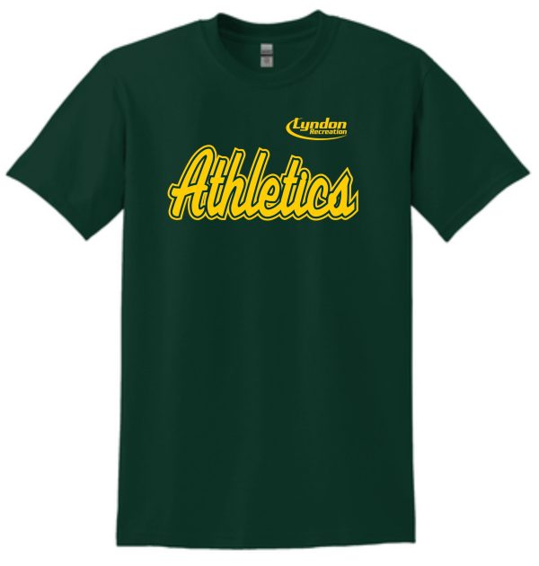 Green Lyndon Recreation Baseball Athletics cotton T-shirt with "lyndon athletics" written in yellow script font, along with a white and yellow outline.