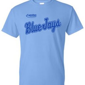 Light blue Lyndon Recreation Baseball Blue Jays cotton T-shirt with "lyndon recreation bluejays" written in blue script on the front.