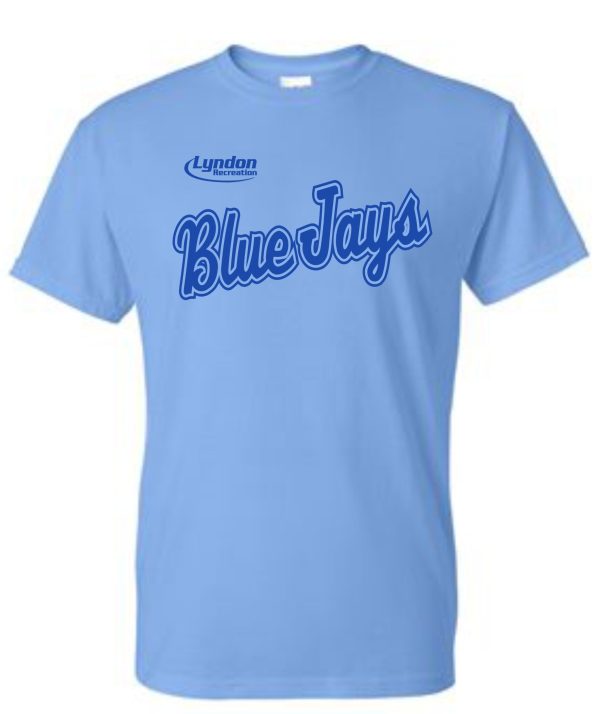 Light blue Lyndon Recreation Baseball Blue Jays cotton T-shirt with "lyndon recreation bluejays" written in blue script on the front.