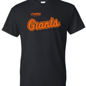 Black Lyndon Recreation Baseball Giants cotton T-shirt with orange "lyndon grants" text in cursive script on the chest.