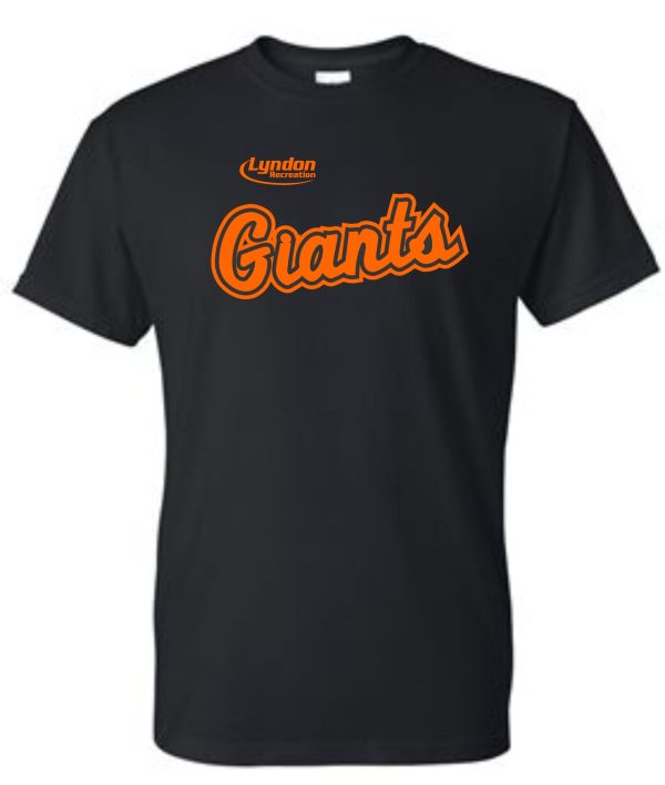 Black Lyndon Recreation Baseball Giants cotton T-shirt with orange "lyndon grants" text in cursive script on the chest.