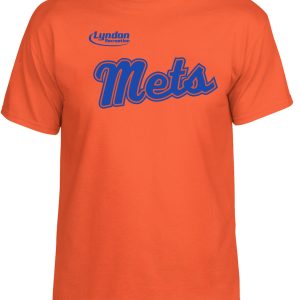 Lyndon Recreation Baseball Mets cotton T shirt G8000 with the word "mets" in blue, cursive text and a smaller "lyndon recreation" logo above, centered on the chest.