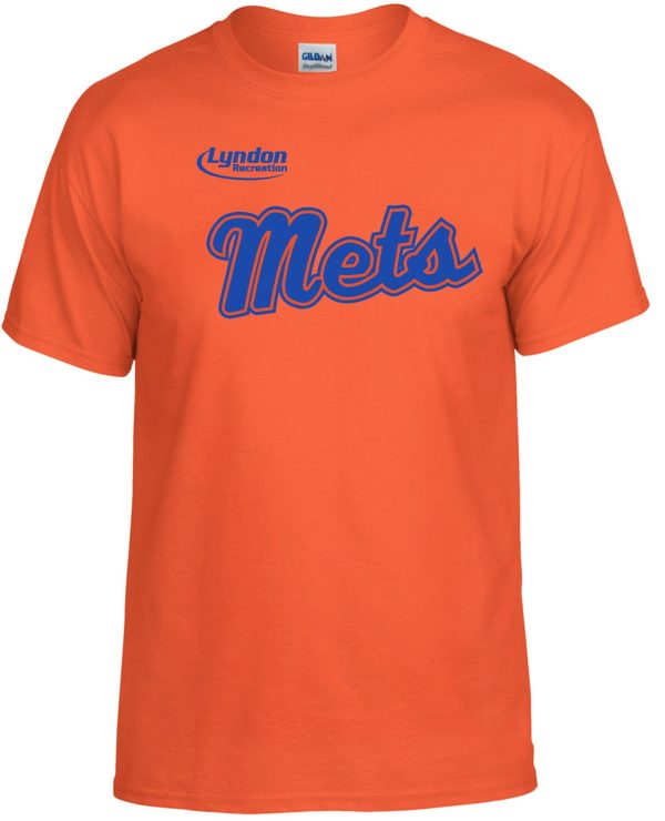 Lyndon Recreation Baseball Mets cotton T shirt G8000 with the word "mets" in blue, cursive text and a smaller "lyndon recreation" logo above, centered on the chest.