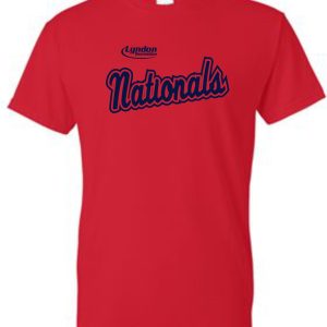 Lyndon Recreation Baseball Nationals cotton T-shirt G8000 with the word "nationals" in blue cursive text, accompanied by "lyndon" in smaller script above.