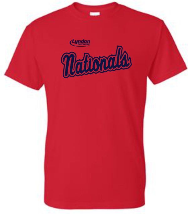 Lyndon Recreation Baseball Nationals cotton T-shirt G8000 with the word "nationals" in blue cursive text, accompanied by "lyndon" in smaller script above.