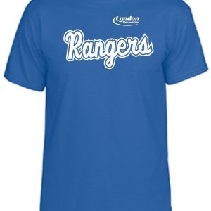 Lyndon Recreation Baseball Rangers cotton T-shirt G8000 with "rangers" written in white script and "Lyndon" above in smaller font, displayed on a plain background.