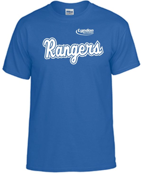 Lyndon Recreation Baseball Rangers cotton T-shirt G8000 with "rangers" written in white script and "Lyndon" above in smaller font, displayed on a plain background.