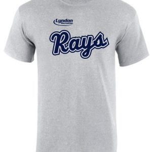 Lyndon Recreation Baseball Rays cotton T shirt G8000 with the word "rays" in blue cursive script and the logo "lyndon" above it on a white background.