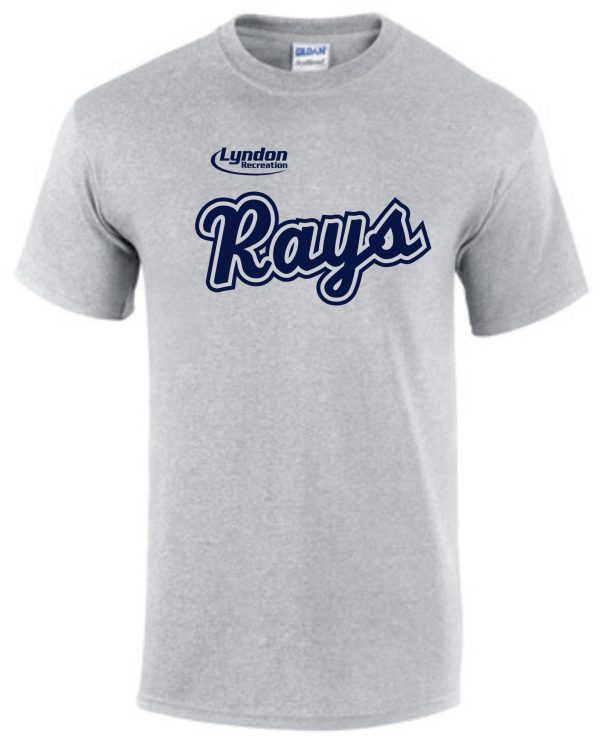 Lyndon Recreation Baseball Rays cotton T shirt G8000 with the word "rays" in blue cursive script and the logo "lyndon" above it on a white background.