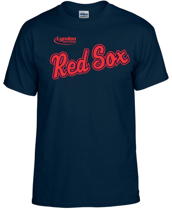 Navy blue Lyndon Recreation Baseball Red Sox cotton T shirt G8000 with red and white script logo on the chest.