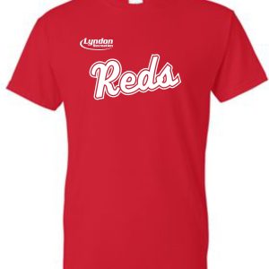 Lyndon Recreation Baseball Reds cotton T-shirt with the word "reds" printed in white cursive text, and Lyndon International logo above in small print.