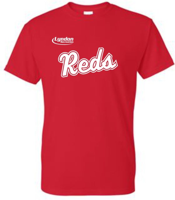 Lyndon Recreation Baseball Reds cotton T-shirt with the word "reds" printed in white cursive text, and Lyndon International logo above in small print.