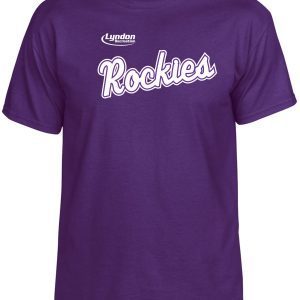 Purple Lyndon Recreation Baseball Rockies cotton T shirt G8000 with the word "rockies" in white cursive script at the chest, displayed on a plain background.