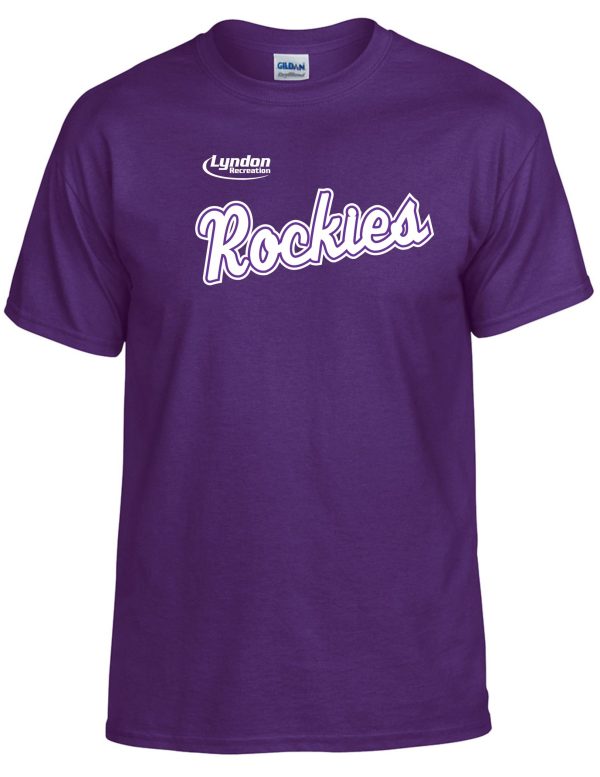 Purple Lyndon Recreation Baseball Rockies cotton T shirt G8000 with the word "rockies" in white cursive script at the chest, displayed on a plain background.