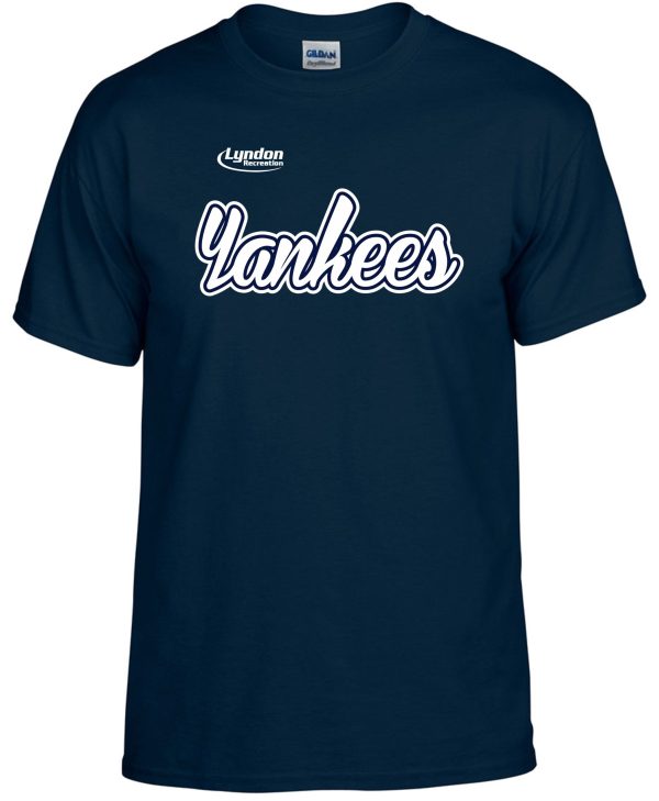 Lyndon Recreation Baseball Yankees cotton T shirt G8000 with the "yankees" logo in white script on the front, displayed on a plain background.