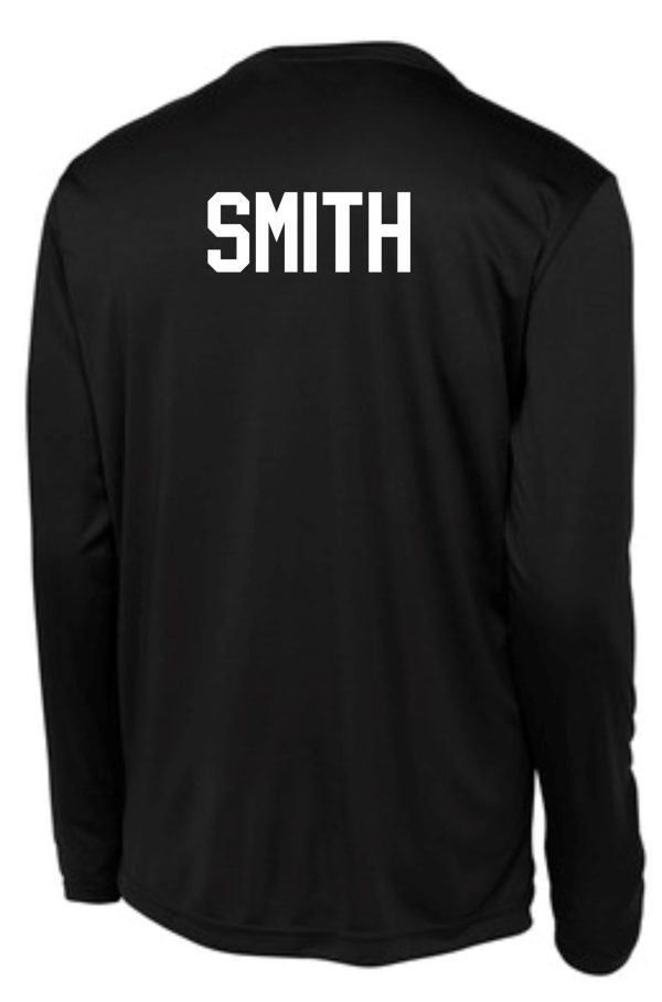 Rear view of a St Margaret Mary black long-sleeve shooting shirt ST350LS featuring the name "smith" in white block letters across the upper back.