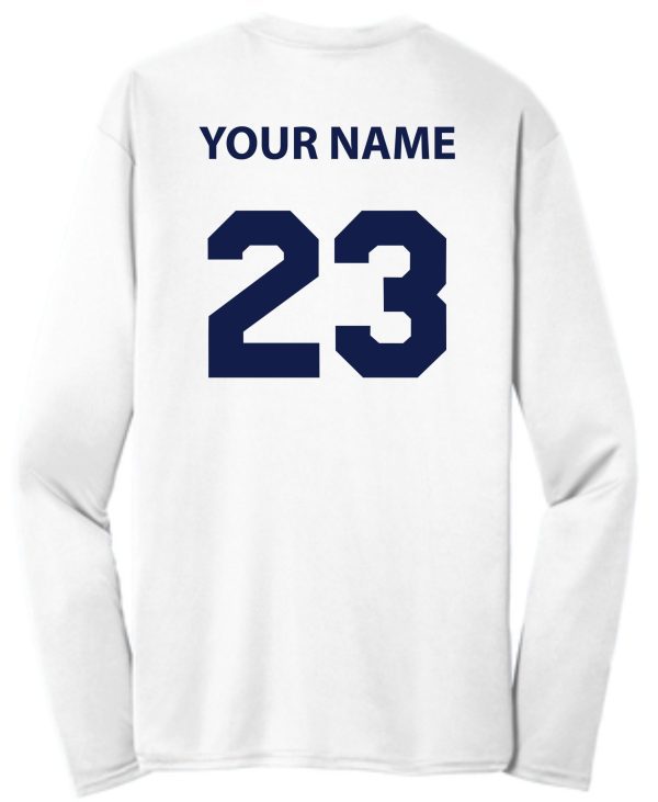 A white St Francis BBall Wicking Long slv WarmUp PC380LS/PCY380LS with "your name" text and the number "23" on the back in bold, blue font.