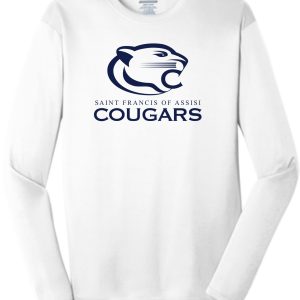 St Francis BBall Wicking Long slv WarmUp PC380LS/PCY380LS with a graphic of a cougar's head and the text "saint francis of assisi cougars" across the chest.