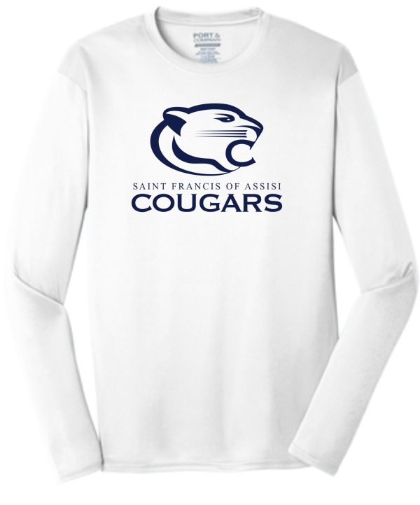 St Francis BBall Wicking Long slv WarmUp PC380LS/PCY380LS with a graphic of a cougar's head and the text "saint francis of assisi cougars" across the chest.