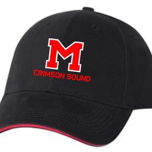 Manual Marching Band embroidered hat Bayside 3621 with a red "m" and the words "crimson sound" embroidered on the front.