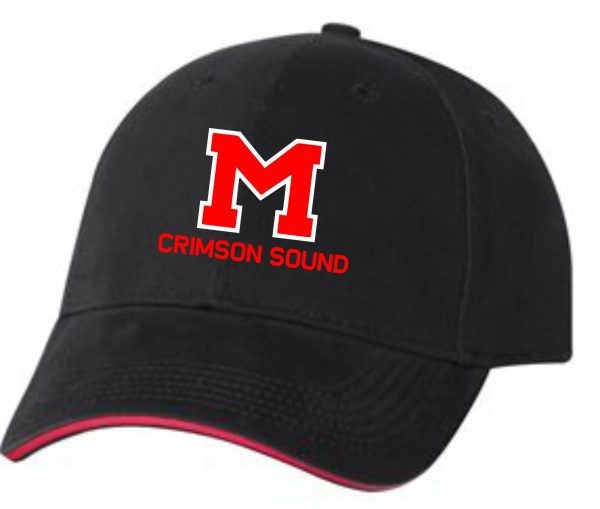 Manual Marching Band embroidered hat Bayside 3621 with a red "m" and the words "crimson sound" embroidered on the front.