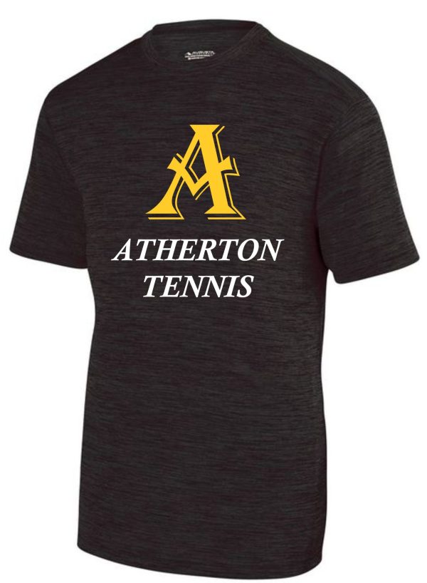 Black t-shirt with gold A and "Atherton Tennis"