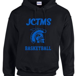 A JCTMS Centurion Black Royal Hooded sweatshirt G185 with "jctms basketball" in blue letters and a graphic of a blue spartan helmet.