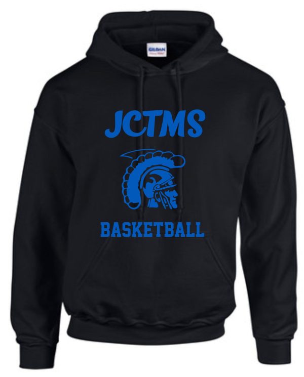 A JCTMS Centurion Black Royal Hooded sweatshirt G185 with "jctms basketball" in blue letters and a graphic of a blue spartan helmet.