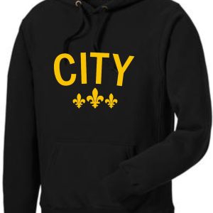 Black hoodie with "CITY" and fleur-de-lis.