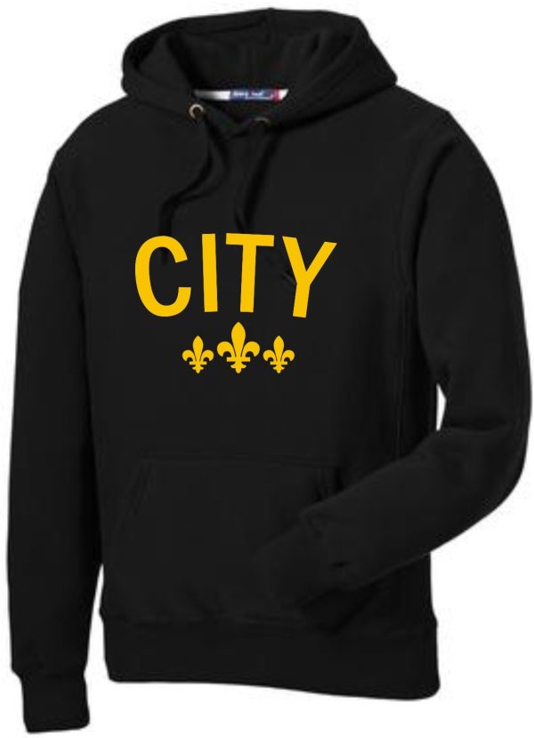 Black hoodie with "CITY" and fleur-de-lis.