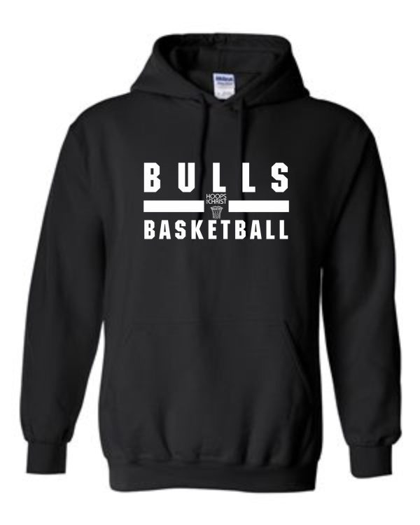 Hoops For Christ Basketball Words Hooded sweatshirt G185 with a "bulls basketball" logo printed on the front.