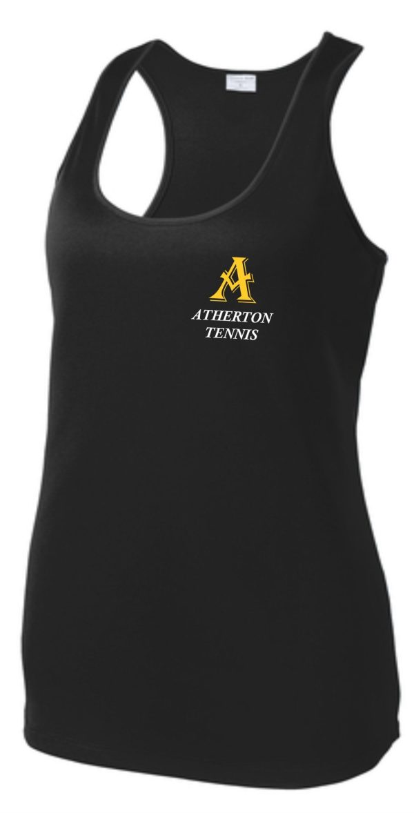 Black tank top with Atherton tennis logo.