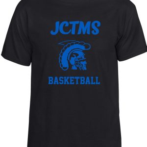 JCTMS Centurion Black Royal T shirt G8000 with "jctms basketball" printed in blue, featuring a graphic of a stylized eye and feather design.