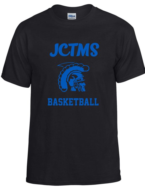 JCTMS Centurion Black Royal T shirt G8000 with "jctms basketball" printed in blue, featuring a graphic of a stylized eye and feather design.