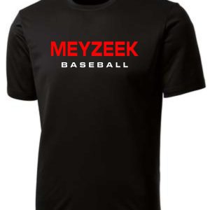 Meyzeek Baseball Black Cationic Moisture wicking T shirt ST 350 with "meyzeek baseball" printed in red and white on the front.