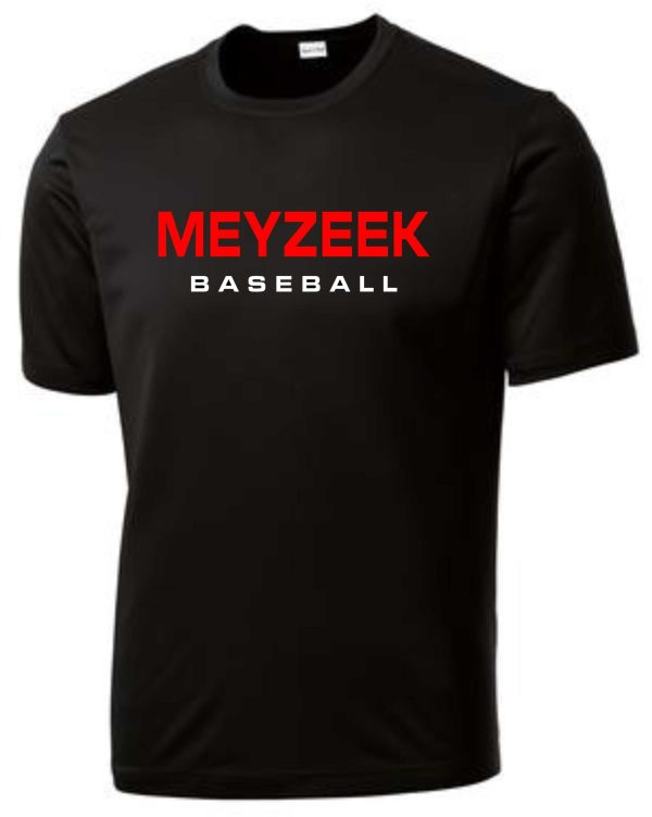 Meyzeek Baseball Black Cationic Moisture wicking T shirt ST 350 with "meyzeek baseball" printed in red and white on the front.