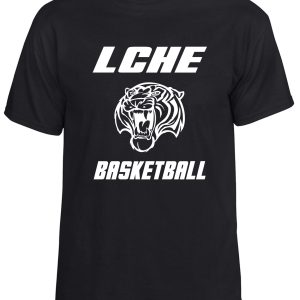 LCHE Tigers Black Moisture wicking T shirt 790 with white text "lche" and the word "basketball" below a stylized lion's head logo.