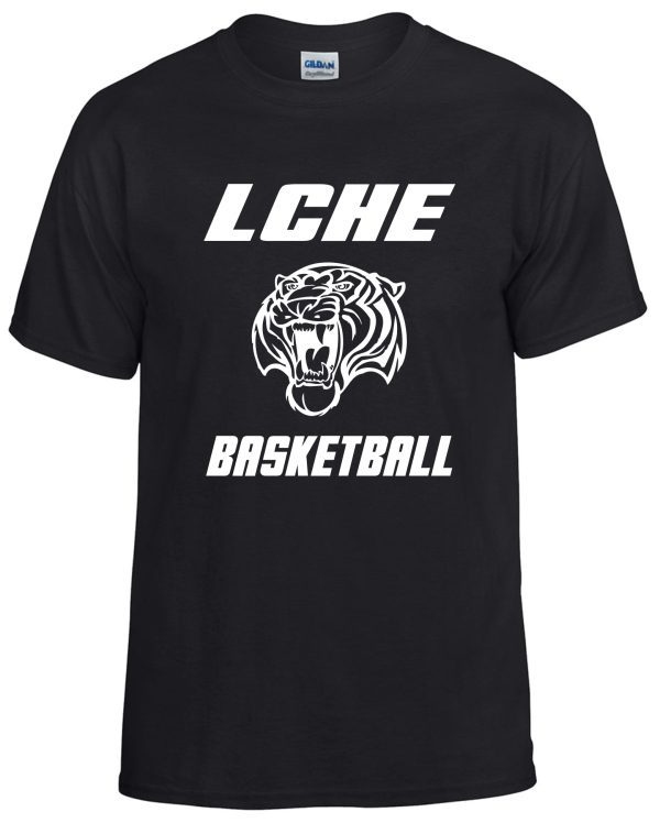 LCHE Tigers Black Moisture wicking T shirt 790 with white text "lche" and the word "basketball" below a stylized lion's head logo.