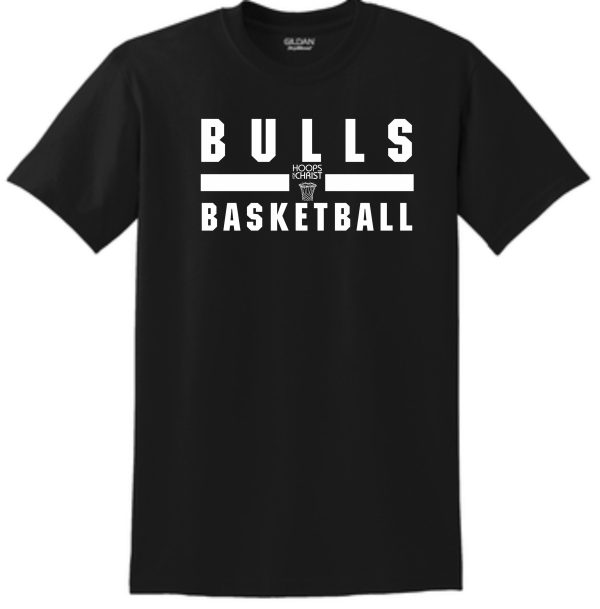 Hoops For Christ Basketball words T shirt G8000 with the word "bulls" in large white letters on top, "hoops" in smaller white letters in the middle, and "basketball" in large white letters on the bottom.