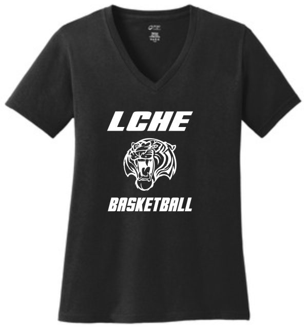 Black LCHE Tigers Ladies 100% cotton V Neck LPC54V with white "LCHE basketball" text and a tiger logo.