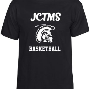 JCTMS Centurion black white T-shirt G8000 with the white text "jctms basketball" and a graphic of a stylized spartan helmet.