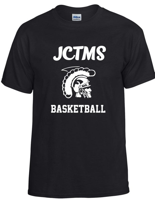 JCTMS Centurion black white T-shirt G8000 with the white text "jctms basketball" and a graphic of a stylized spartan helmet.