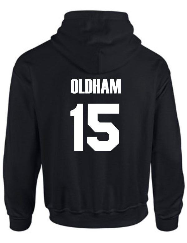 CEC Girls Basketball Ball design Black Hooded sweatshirt G185 with the word "oldham" and the number "15" printed in white on the back.