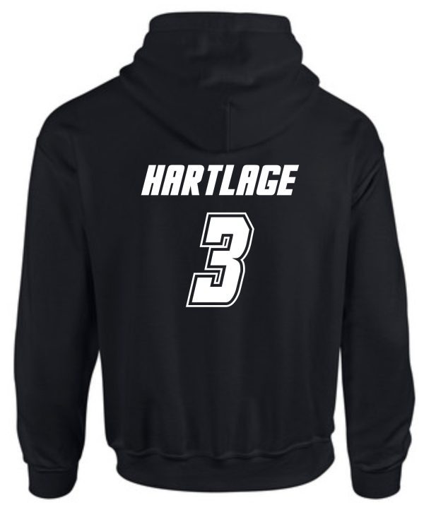 LCHE Tigers Black Hooded sweatshirt G185 with a hood, featuring the word "hartlage" and the number "3" in white block letters on the back.