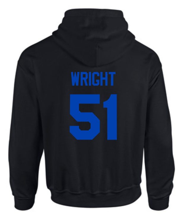 JCTMS Centurion Black Royal Hooded sweatshirt G185 with a blue print on the back displaying the name "wright" above the number "51".