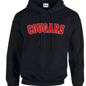 Black hoodie with red "Cougar" text.