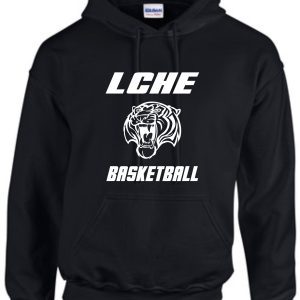 LCHE Tigers Black Hooded sweatshirt G185 with "lche basketball" text and a stylized lion's head logo printed on the front.