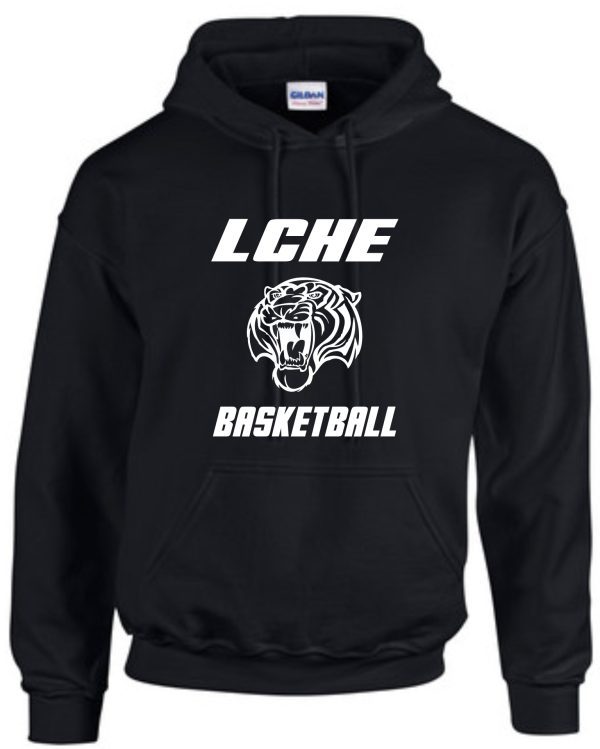 LCHE Tigers Black Hooded sweatshirt G185 with "lche basketball" text and a stylized lion's head logo printed on the front.