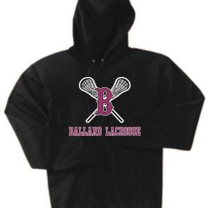 Black hoodie featuring a Ballard FULL FRONT LACROSSE logo with two crossed lacrosse sticks and the letter 'b'.